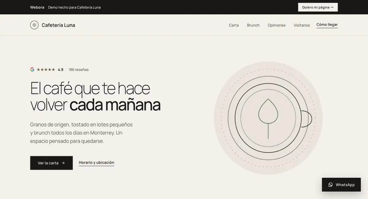 Página de Cafetería Luna, uno de los demos de Webora
